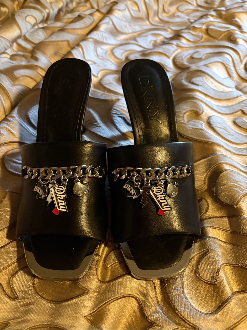 DKNY Black Leather Slide Mules with Silver Chain and Logo Charms NWOB